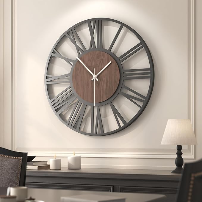 30" Extra Large Wall Clock, Modern Battery Operated Silent Non Ticking 30 inch Decorative Wood Metal Wall Clock, Black Round Big Clocks for Living Room, Bedroom, Kitchen, Office Decor-Roman Numerals