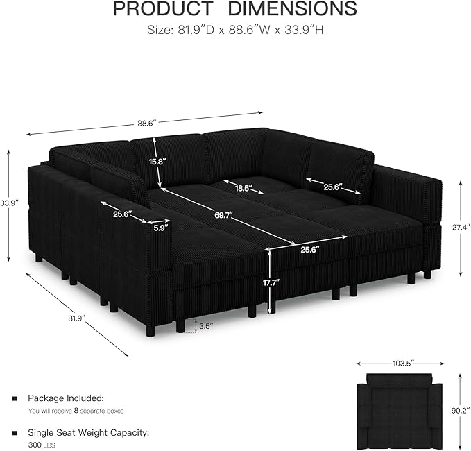 9 Seat Modular Sectional Sofa Sleeper Couch with Deep Storage Seat Corduroy Sectional Sofa Bed for Living Room,Black