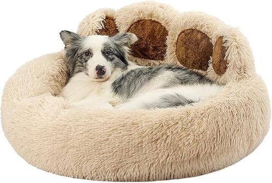 Jiupety Paw Shape Calming Pet Bed, Medium Plush Faux Fur Donut Bed for Dogs & Cats, Machine Washable, Non-Slip Bottom, Extra Large Size (32"×32"×10"), Camel