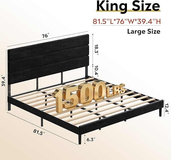 WLIVE King Size Upholstered Bed Frame, Velvet Square Tufted Headboard, Sturdy Metal & Wooden Slats Support, No Box Spring Needed, Black