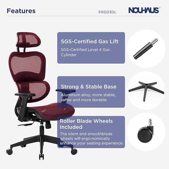 Nouhaus Ergo3dL Home Office Desk Chairs Ergonomic Office Chair High-Back Mesh Rolling Work Chairs with Wheels and Adjustable Headrests Comfortable Lumbar Support Adjustable Armrests(Burgundy)