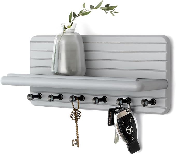 Rebee Vision Decorative Key Holder Wall Mount for Room Decor Aesthetic – Modern 11-inch Pine Wooden Key Holder for Wall with 6 Hooks & Floating Shelf - Sleek Home Improvement Essential (Gray)