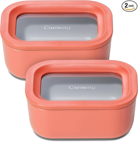 Caraway 2pc Glass Food Storage Set - 2.6 Cup Food Containers (2) - Non-Toxic Ceramic-Coated Glass - Air Release Technology - Compact & Stackable Design - Perracotta