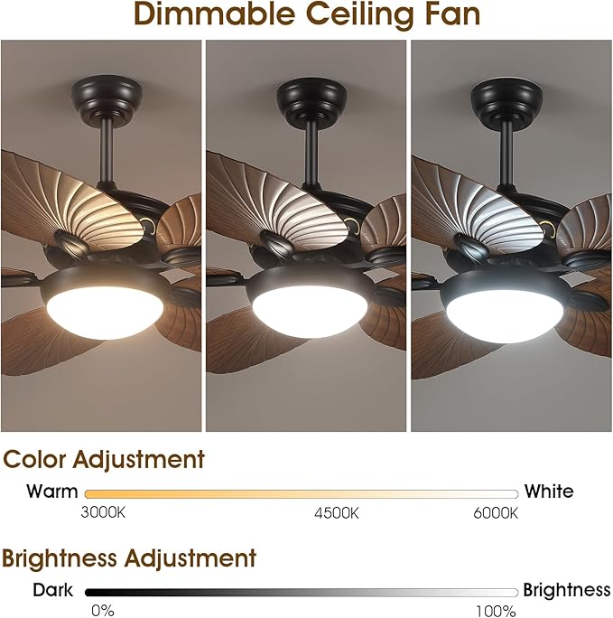 Ceiling Fans with Lights and Remote/APP Control, 52 Inch Tropical Palm Leaf Ceiling Fan with LED Lights, Outdoor Ceiling Fans for Patios Porch, Reversible Quiet Motor, Dimmable, Brown