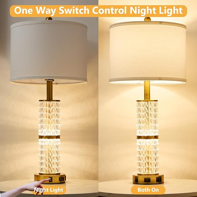 Crystal Table Lamps Modern 3-Way Dimmable Bedside Lamp with 2 USB Ports & AC Outlets for Living Room Bedroom Nightstand Lamp Night Light
