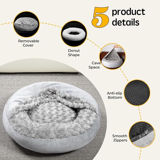 Small Dog Bed with Blanket Removable Cover Cave Washable Cat Pet Bed for Crate Toy Puppy Donut Round Plush Cozy Anti-Slip Bottom Gray 23X23X7 inch