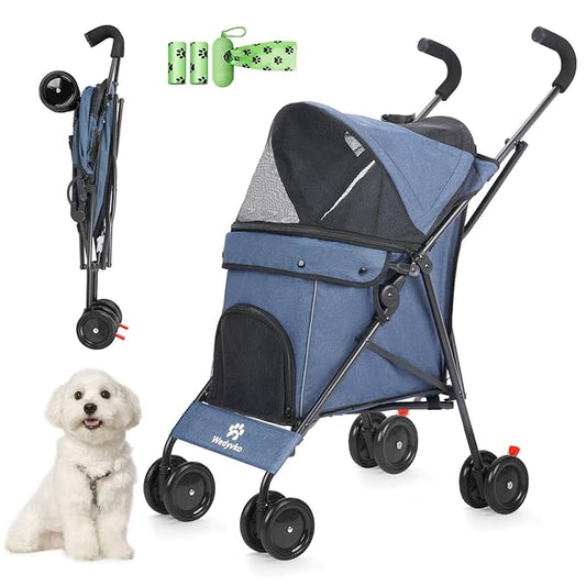 Umbrella Dog Stroller, Foldable Pet Stroller for Small Dogs Cats, 4 Wheels Pet Strolling Cart with Carrying Strap and Cup Holder, Breathable and Visible Mesh, Dog Poop Bags & Dispenser (Navy)