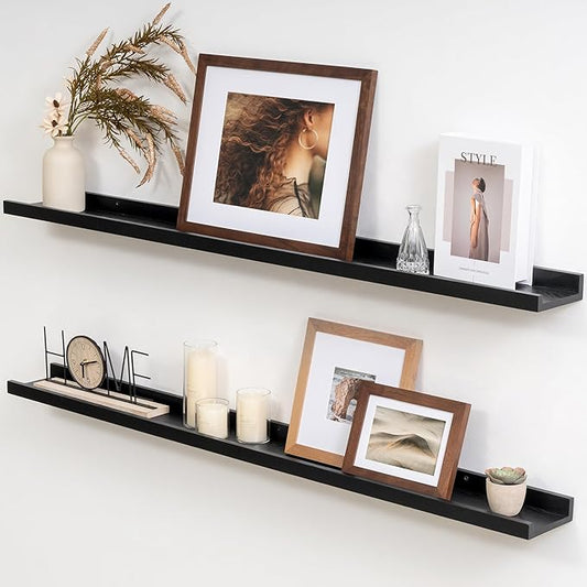 Solid Ash Wood Picture Ledge Shelf, 36 Inch Floating Shelves with Lip Set of 2, Photo Ledge Shelf Nursery Bookshelf Wall Mounted for Living Room Bedroom Decor, Black