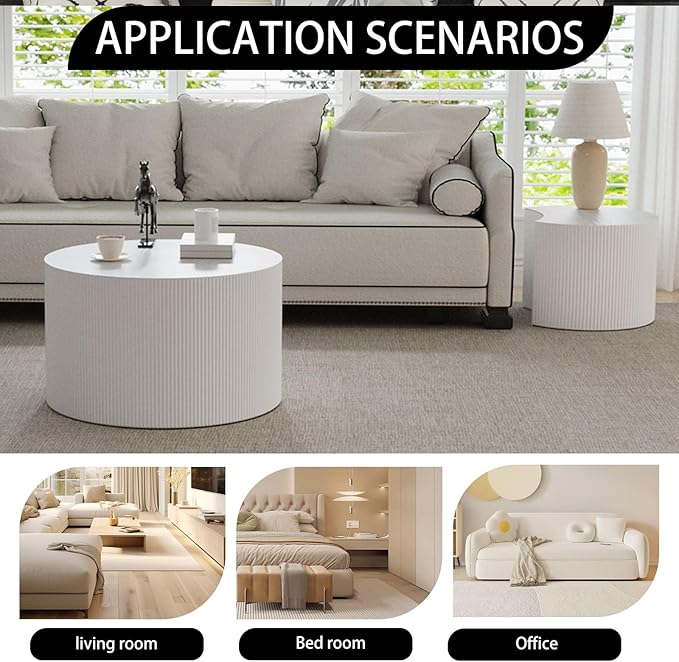 Round Nesting Coffee Table,Modern Fluted Coffee Tables Set of 2, Circle Vertical Stripe Design Drum Center Table Crescent Side Accent and Tables for Living Room (White)