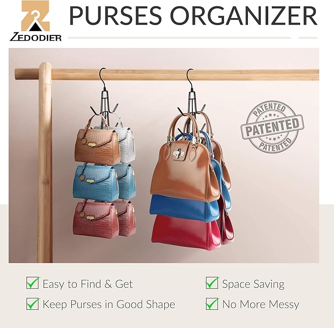 ZEDODIER Purse Hanger Organizer for Closet, 4 Pack Hanging Bag Holder, Keeping Purses Visible and in Good Condition, Metal Handbag Storage Hook Backpack Rack Space Saving Hanger, Black