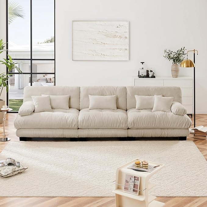 133.8" Oversized 3 Seater Modular Sectional Sofa, Beige Large Sectional Fluffy Couch Set, Chenille Cloud Couch with 5 Pillows, Deep Seat Sofas for Living Room