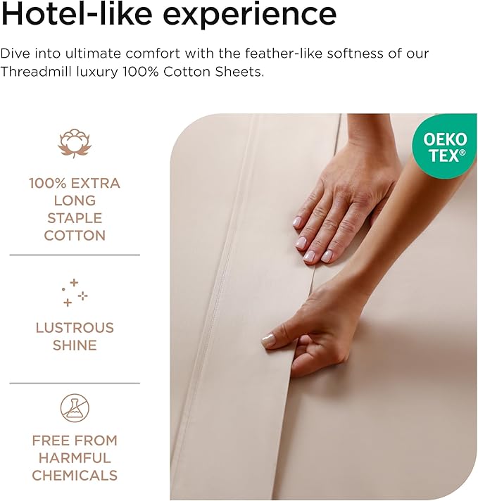 Threadmill 100% Cotton Sheets for Twin XL Size Bed - 600 Thread Count Twin XL Bed Sheets Set with 15” Deep Pocket - Sateen Weave 3-Piece Bedding Set with Cooling Effect, Beige
