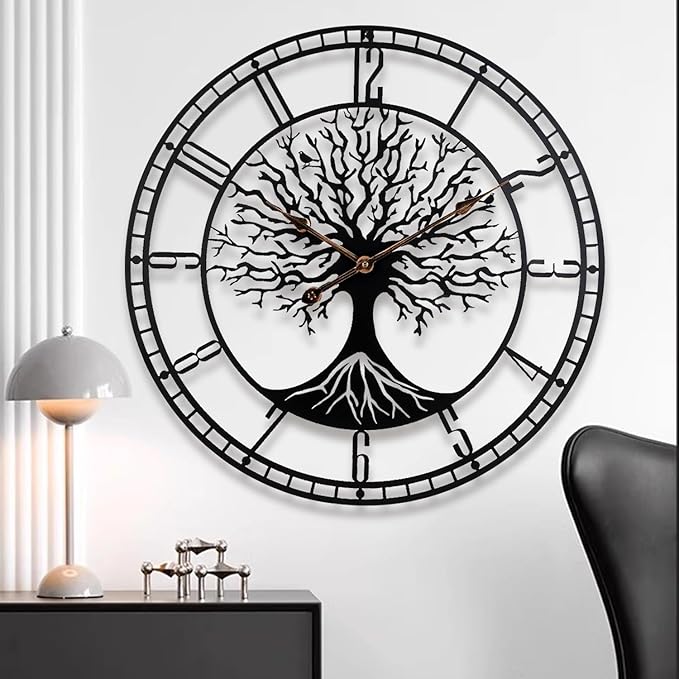 Tree of Life Wall Clock, 24Inch Metal Black Family Tree Oversized Wall Clocks for Living Room Bedroom Home Decor, Modern Silent Mid-Century Battery Operated