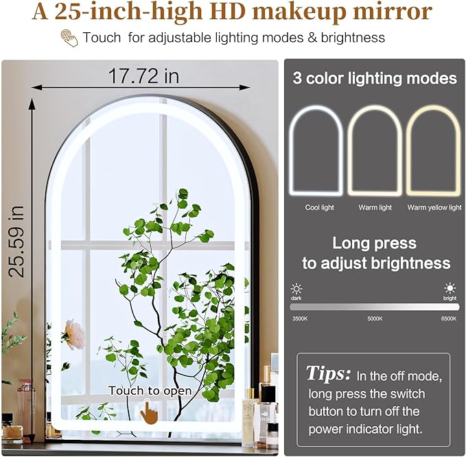 Black,Vanity Desk with Mirror and Lights,Makeup Vanity with Power Outlet and Adjustable Cabinet,Modern Makeup Table with 3 Drawers for Bedroom Makeup Room