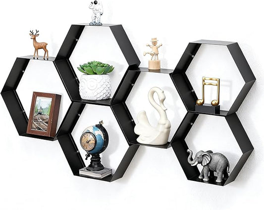 Gonice Black Metal Hexagon Floating Shelves Set of 6 Honeycomb Shelves Home Decor Wall Shelf for Living Room Bedroom Office