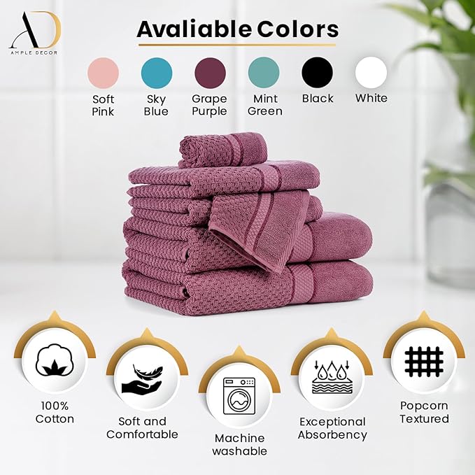 Ample Decor 100% Cotton Grape Purple Hand Towel for Kitchen Set of 8, Absorbent Premium Quality, for Bathroom, Hotel, Spa, Gym, Kitchen - 18 X 28 Inch