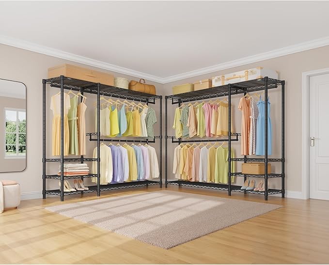 VIPEK V2 Plus Heavy Duty Clothes Rack, Portable Metal Clothing Racks with 4 Tiers Adjustable Wire Shelving & 3 Hanging Rods, Freestanding Closet Rack, Max Load 886LBS, Black