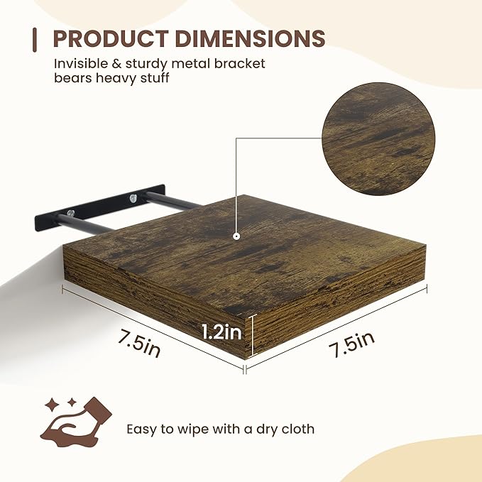 Fun Memories Floating Shelves for Wall - 7.5 Inch Square Shelves with Invisible Brackets, Brown Small Wall Shelf for Living Room, Bathroom, Bedroom, and Kitchen Decor，Set of 4