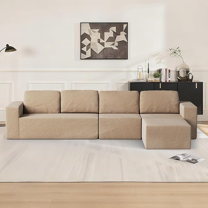 136" Modular Sectional Couch Left/Right Facing Convertible, L-Shape Modern Teddy Sofa, Deep Seat Upholstered Foam Couch for Living Room Bedroom, No Assembly Required (Camel, Teddy Boucle)