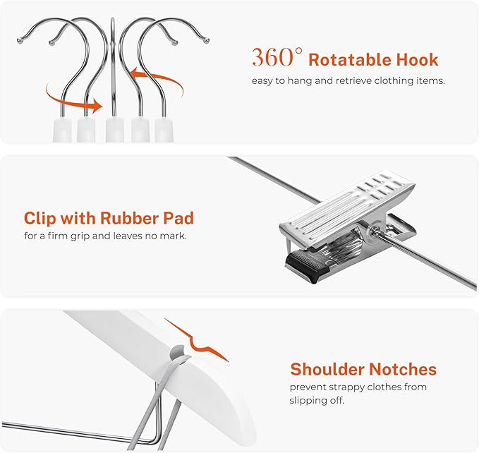 HOUSE DAY Wooden Hangers with Clips 12 Pack, Heavy Duty White Wood Pants Hanger, Premium Skirt Hanger with Adjustable Clips, Solid Clip Hangers for Suit, Blouse, Dress, Coat, Jacket, Bottom