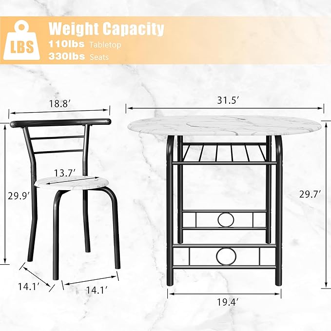 JUMMICO 3-Piece Wooden Round Table & Chair Set, Space Saving Kitchen Breakfast Nook Wood Grain Tabletop with Metal Frame and Built-in Wine Rack for Kitchen, Dining Room (White/Black)