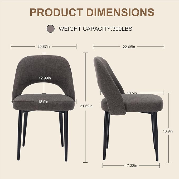 Modern Dining Chairs, Fabric Upholstered Accent Kitchen Chairs with Comfy Padded Seat & Sturdy Metal Legs, Side Farmhouse Chairs for Dining Room, Living Room, Restaurant (Brown, Set of 4)