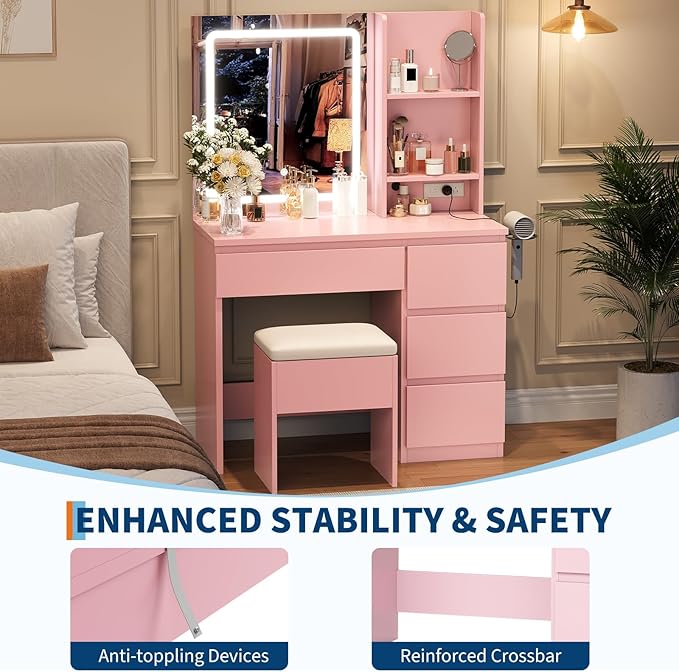 GarveeHome Vanity Desk with Mirror and Lights - Modern Makeup Dressing Table with Outlets, Storage Stool, 4 Drawers & Hair Dryer Holder - 3 Colors LED Vanity Mirror, Vanities for Bedroom, Pink