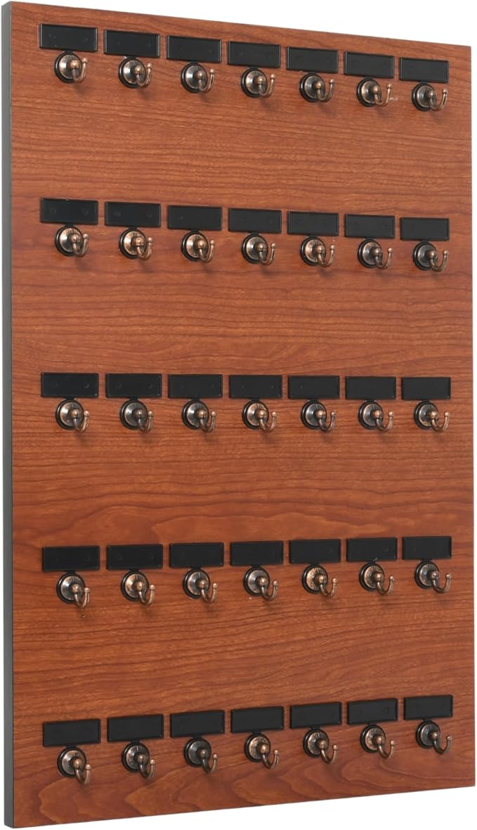Key Hook, Key Rack #35MCN, 35 Extra Space Bolted Metal Hooks with 'Customize Name Plate', (35 Sets of Tag & Ring Included) - Made in USA (Wild Cherry)