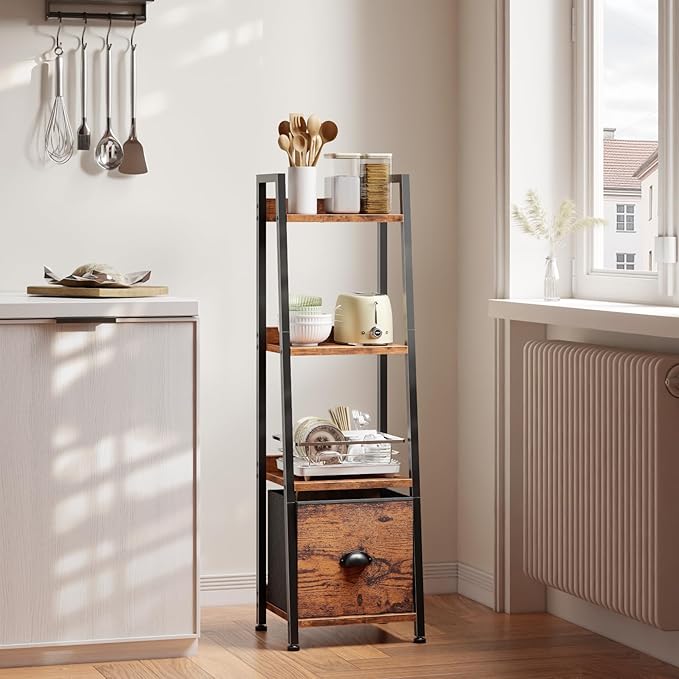 Furologee 4 Tier Narrow Ladder Shelf, Ladder Bookshelf with Drawer, Industrial Shelves Storage Rack Organizer,Skinny Display Shelving Units for Living Room, Home Office, Bedroom,Rustic Brown