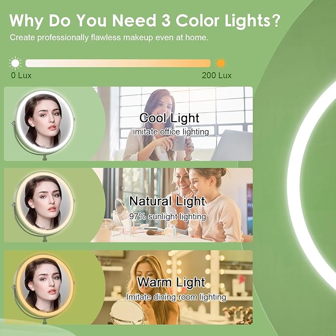 Lighted Makeup Mirror, 3000 mAh Rechargeable Double Sided Magnifying Vanity Mirror with 3 Colors, 1x/10x, 360° Rotation , Brightness Adjustable Magnification Cosmetic Light up Mirror, Women Gift