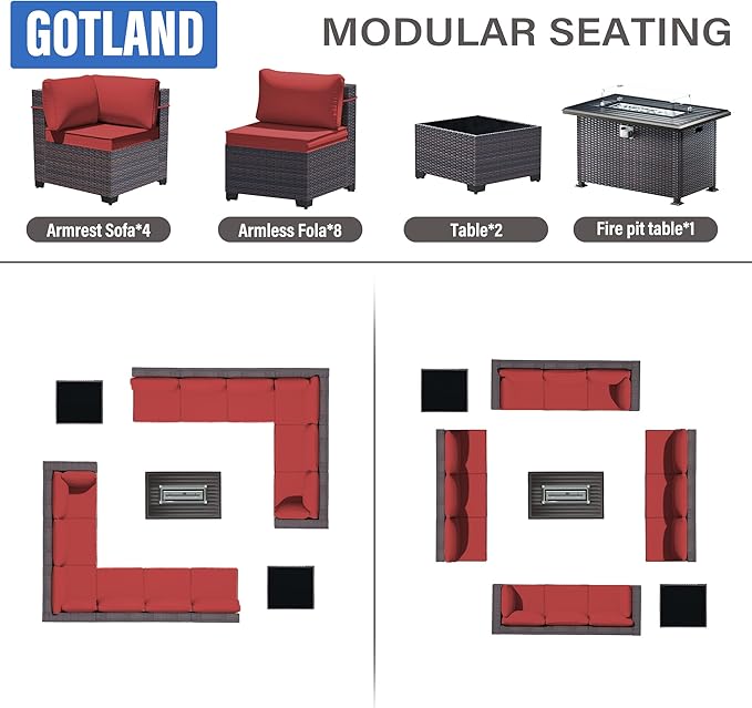 Gotland 15 Pieces Patio Furniture Set with Fire Pit Table, All Weather Rattan Outdoor Furniture with 29.5'' High Backrest 4’’ Thick Cushions Coffee Table, Patio Set for Porch, Deck, Backyard, Red