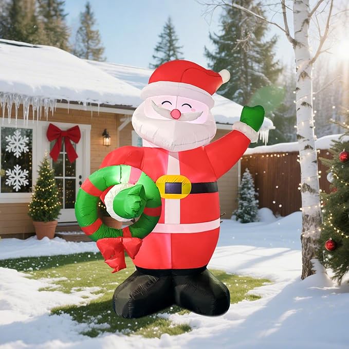 Giant Inflatable Santa Claus Christmas Decoration, 8Ft LED Lighted Outdoor Holiday Decor with Wreath, Fast Self-Inflating, Yard Lawn Garden Display