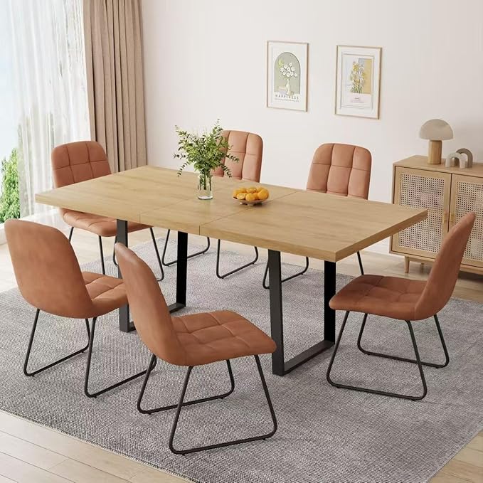 ZckyCine 7-Piece Modern Dining Set, 67" Expandable Oak Dining Table with 6 Brown Faux Leather Upholstered Chairs, Extendable Kitchen Table Set for 6, Scratch-Resistant, Easy Assembly
