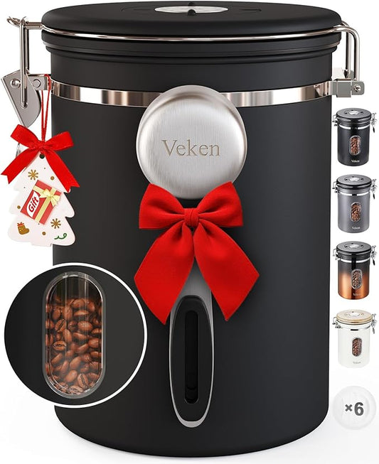Veken Coffee Canister with Window,Airtight Stainless Steel Pantry Container,Home Kitchen Food Storage Organizers for Ground,Beans,Espresso,Rice,Tea,Sugar,Cereal, Flour,Bar Accessories,Gifts,22OZ,Black