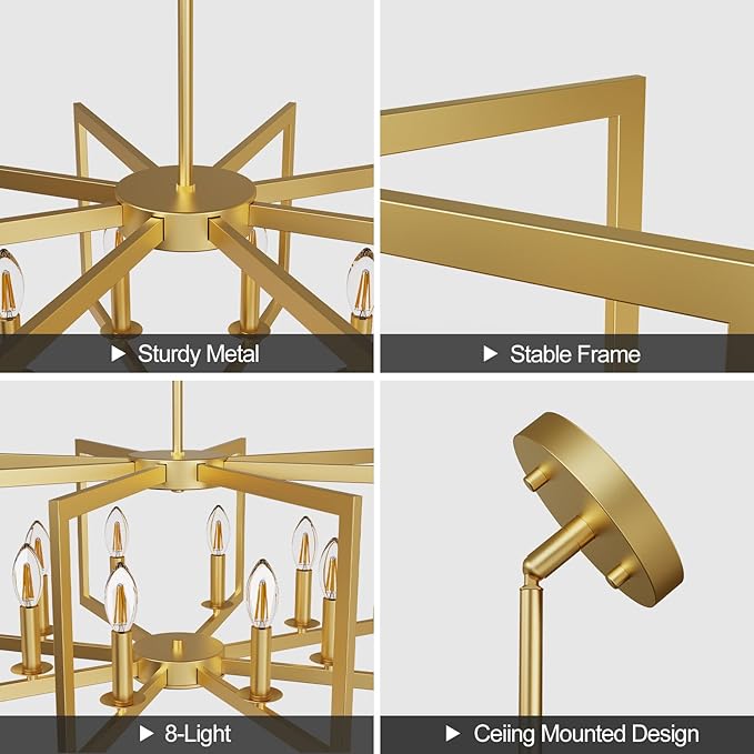 Modern Gold Chandelier, 8-Light Geometric Dining Room Light Fixture, Industrial Pendant Lights Kitchen Island, Hanging Metal Farmhouse Chandeliers for Dining Room Entryway Foyer Bedroom Kitchen ﻿