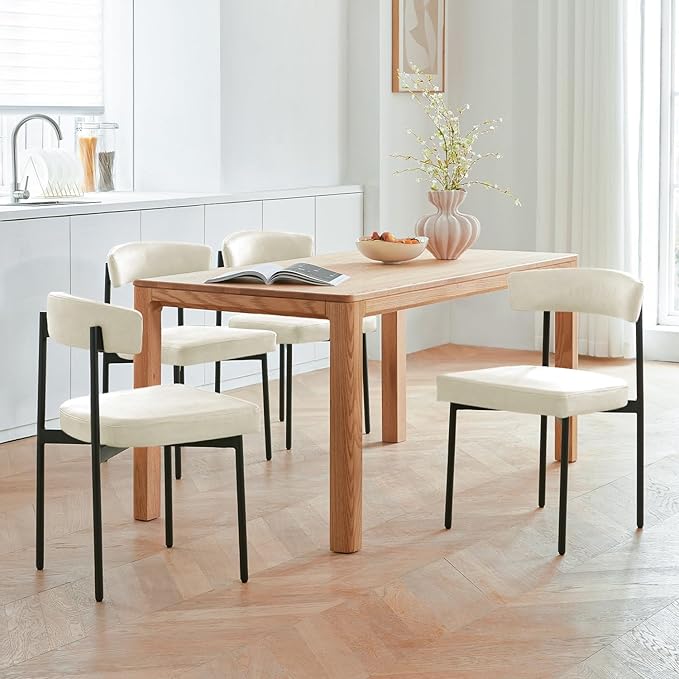 Beige Faux Leather Dining Chairs Set of 4, Armless Upholstered Kitchen Chair,Modern Dining Room Chair with Curved Backrest
