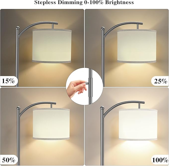 Dimmable Floor Lamp, Arc Floor Lamps for Living Room, Stepless Dimming Modern Standing Lamp with Linen Shade, Tall Lamp for Bedroom Office Dining Room- Grey