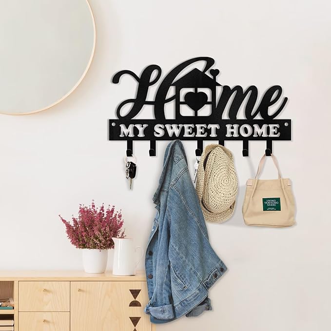 Personalized Sweet Home Key Holder - Black Metal Key Hanger Wall Decorative, Organizer with Hooks, Housewarming Gifts