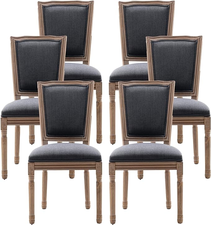 Nrizc Farmhouse Dining Room Chairs Set of 6, French Dining Chairs with Square Back, Brown Wood Legs, French Bistro Chairs for Dining Room/Living Room/Kitchen/Restaurant