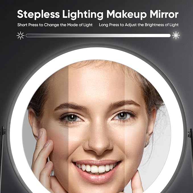 DOWRY 8.5'' Lighted Makeup Vanity Mirror with Magnification, Rechargeable 1x 10x Magnifying Mirror with 3 Color Light Brightness Adjustable, 360°Rotation Double Side Desk Cosmetic Mirror…