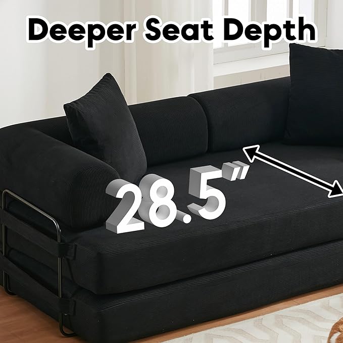 Convertible Sleeper Sofa Bed with Cylindrical Pillow, Corduroy Folding Mattress Couch with Fixed-Shape Frame, Floor Sofa Lounge Couch for Living Room Bedroom Lounge Studio-Black
