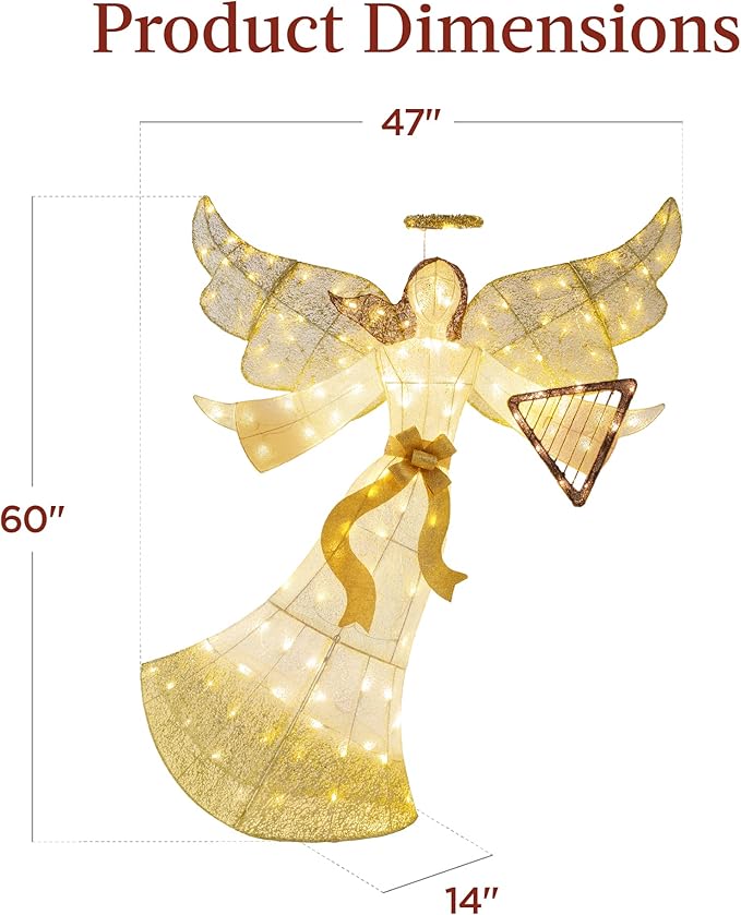 Best Choice Products 5ft Lighted Outdoor Angel Christmas Decoration, Pre-Lit Winged Holiday Figure for Lawn w/ 140 LED Lights, Harp, Bow, Halo, Zip Ties, Ground Stakes
