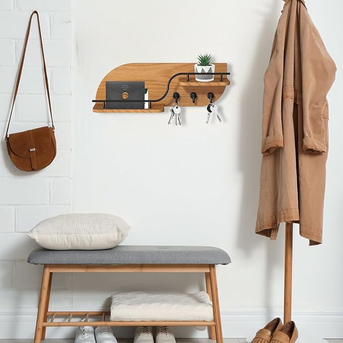 Modern Decorative Key and Mail Holder with 2 Floating Shelves, Wood Wall Mounted Key Organizer with 3 Metal Hooks for Home Entryway, Brown