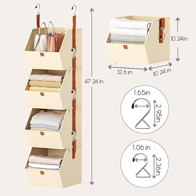 Hanging Closet Organizer 4 Tier - Clothes Hanging Shelves, Space-Saving Closet System, Fabric Storage Bins Bedroom Organization, Collapsible Baskets for Home, Dorm, Rv, Beige