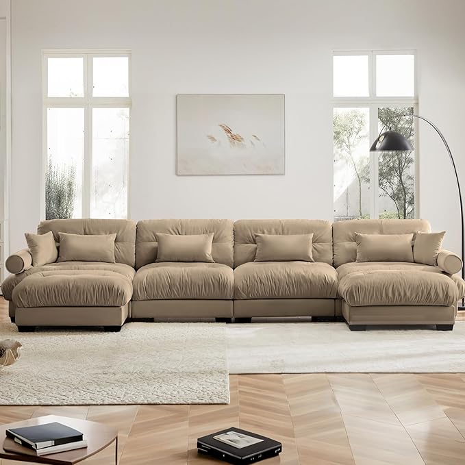 166" Oversized Camel Velvet Cloud Couch - 4 Seater Modular U Shaped Sectional Sofa Set with Ottoman for Living Room