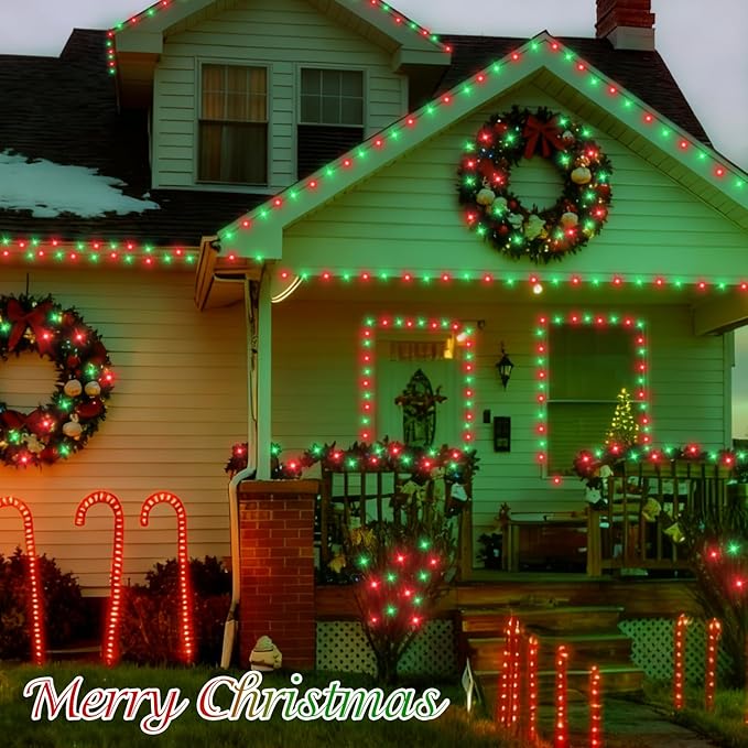QITONG Red and Green Christmas Light Outdoor Waterproof, 165ft 500 LED Clear Wire String Lights Indoor, 8 Modes Christmas Tree Light Plug-in