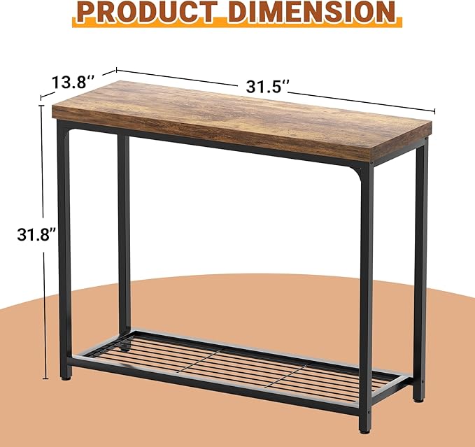 32" Small Console Table, 2-Tier Narrow Entryway Table, Sofa Table with Mesh Shelves, Console Tables for Living Room, Hallway, Entryway, Farmhouse Console Table with Storage, Rustic Brown