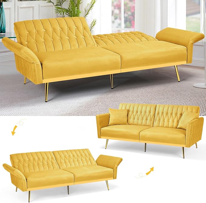 70” Velvet Futon Sofa Bed w/Adjustable Armrests & 2 Pillows, Convertible Futon Couch w/Adjustable Backrests, Modern Sleeper Bed for Living Room, Bedroom, Yellow