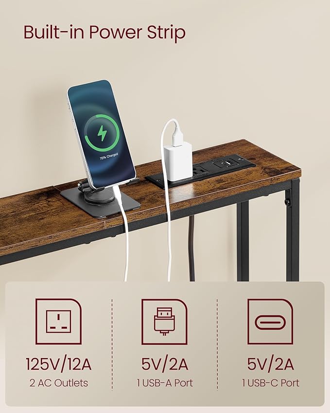 VASAGLE Set of 2 Console Tables with Power Outlets, Slim Behind Couch Sofa Tables, 5.9 x 39.4 x 31.5 Inches, 2 Hooks, Easy Assembly, for Entryway, Living Room, Rustic Brown and Ink Black ULNT078K01