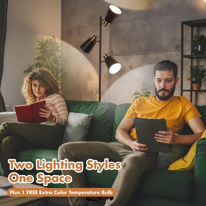 Tree Floor Lamp for Living Room, Industrial 3-Light Standing Lamp with 3 LED Bulbs, Adjustable Rotation Heads, Standing Tall Pole Lamp Farmhouse Rustic Reading Lamps for Bedroom Office (Black Gold)